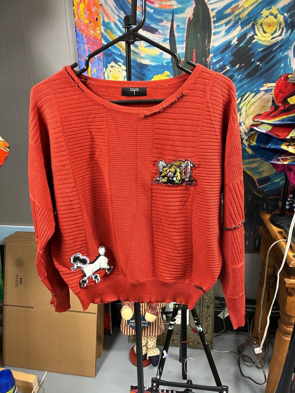 Visibly mended sweater with dog patches size medium/large. Upcycled sweater